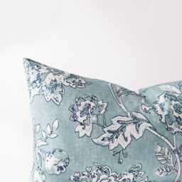Blue Floral Lumbar Pillow Cover - Printed Organic Cotton Cushion - thumbnail 2