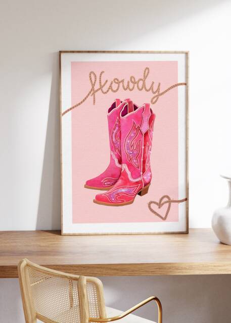 Cowgirl Boots Illustration Art Print , Cowboy Aesthetic, Western, Girl, Pink & Red, Dolly Parton - image 1