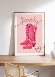 Cowgirl Boots Illustration Art Print , Cowboy Aesthetic, Western, Girl, Pink & Red, Dolly Parton - thumbnail 1