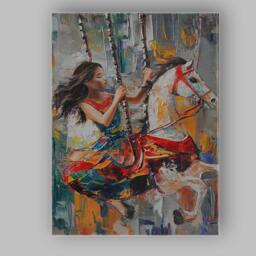 Colourful Carousel Girl White Horse Expressionist Painting Canvas Wall Art Print Decor Picture Ready To Hang - thumbnail 1