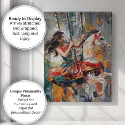 Colourful Carousel Girl White Horse Expressionist Painting Canvas Wall Art Print Decor Picture Ready To Hang - thumbnail 3