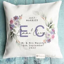 Personalised Names Married Mr Mrs Home Quote Purple Blush Floral Greenery Design Linen Style Cushion Cover
