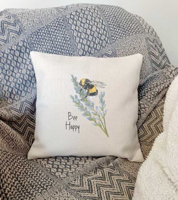 Bee Happy Cushion Cover - Bumble Throw Pillow Linen Style Lover Gift Scatter Cover Only - image 1