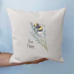 Bee Happy Cushion Cover - Bumble Throw Pillow Linen Style Lover Gift Scatter Cover Only - thumbnail 2
