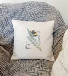 Bee Happy Cushion Cover - Bumble Throw Pillow Linen Style Lover Gift Scatter Cover Only - thumbnail 1