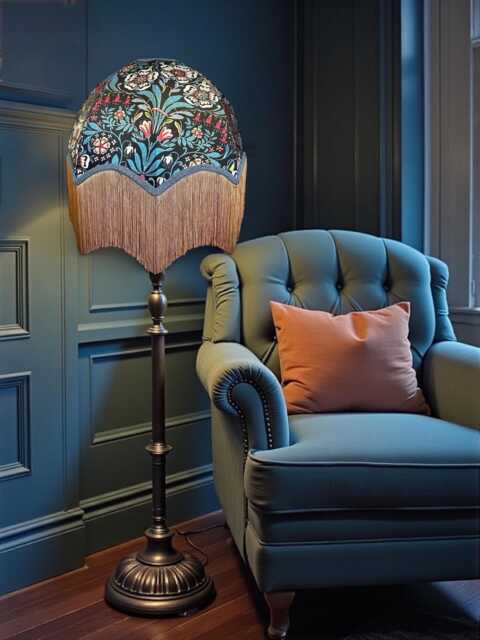 Handcrafted William Morris Black Floral Fabric Dome Lampshade Slate Blue Braid, Gold Fringe, British Made - image 1