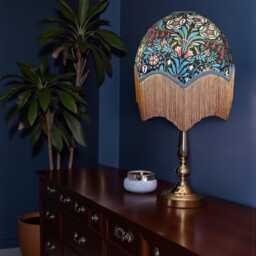 Handcrafted William Morris Black Floral Fabric Dome Lampshade Slate Blue Braid, Gold Fringe, British Made - thumbnail 3