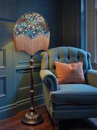 Handcrafted William Morris Black Floral Fabric Dome Lampshade Slate Blue Braid, Gold Fringe, British Made - thumbnail 1