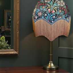 Handcrafted William Morris Black Floral Fabric Dome Lampshade Slate Blue Braid, Gold Fringe, British Made - thumbnail 2