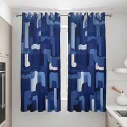Blue Retro Geometric Curtains, Mid Century Modern Abstract Pattern Drapes, Navy & Light 70S Style Window Panels - thumbnail 2