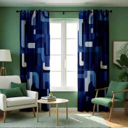 Blue Retro Geometric Curtains, Mid Century Modern Abstract Pattern Drapes, Navy & Light 70S Style Window Panels - thumbnail 4