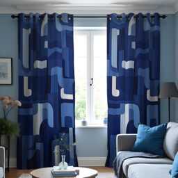 Blue Retro Geometric Curtains, Mid Century Modern Abstract Pattern Drapes, Navy & Light 70S Style Window Panels