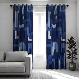Blue Retro Geometric Curtains, Mid Century Modern Abstract Pattern Drapes, Navy & Light 70S Style Window Panels - thumbnail 3