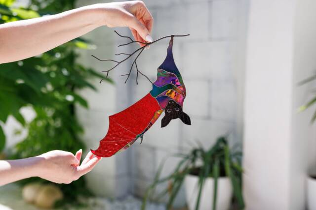 Gothic Stained Glass Bat On Branch Wall Decor Stained Fruit Hanging Witch Home Halloween Decoration Gift For Him - image 1