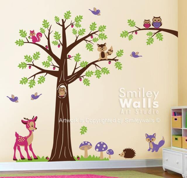 Nursery Wall Decal, Woodland Decal Forest Animals Bambi Deer Owls Squirrels Raccoon Baby Kids Room Art Decor - image 1