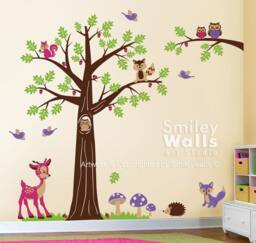 Nursery Wall Decal, Woodland Decal Forest Animals Bambi Deer Owls Squirrels Raccoon Baby Kids Room Art Decor