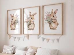 Bunny Rabbit Nursery Prints, Set Of 3 Prints For Baby Girls Room, Girl Bedroom Pink Decor Wall Art - thumbnail 1