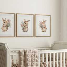 Bunny Rabbit Nursery Prints, Set Of 3 Prints For Baby Girls Room, Girl Bedroom Pink Decor Wall Art - thumbnail 2