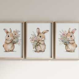 Bunny Rabbit Nursery Prints, Set Of 3 Prints For Baby Girls Room, Girl Bedroom Pink Decor Wall Art - thumbnail 3