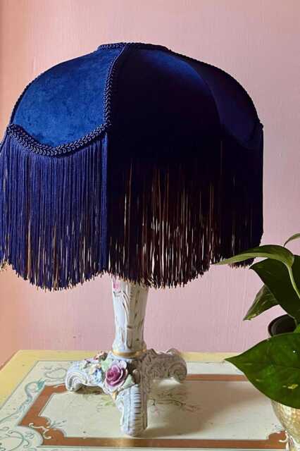 Handmade Navy Velvet Fringe Lampshade, Art Deco Table Lamp - image 1