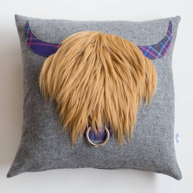 Handmade Highland Cow Cushion Lambswool, Faux Fur, Tartan - image 1