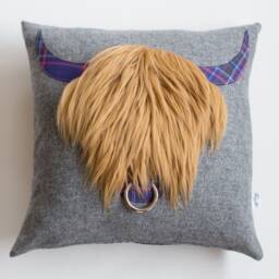 Handmade Highland Cow Cushion Lambswool, Faux Fur, Tartan - thumbnail 1