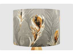 Handmade Lampshade Dark Grey Feather Fabric Drum, Ochre Gold Botanical Light Shade For Table/Floor Lamp Or Ceiling Pendant
