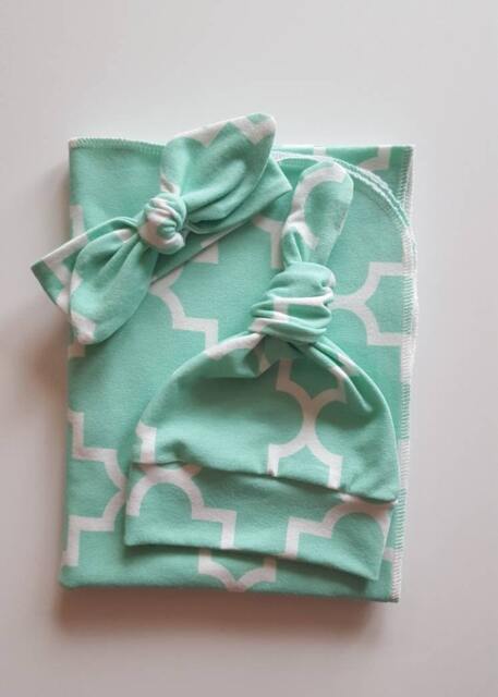 Mint Green Swaddle Blanket & Newborn Hat Or Headband Set. Take Home Photo Prop. Baby Shower Gift. Ready To Ship - image 1