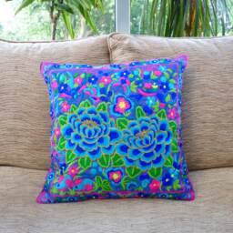 Hmong Cushion Cover, Boho Cushion, Bohemian Decor, Embroidered Blue Colourful Throw Pillow, Bright - thumbnail 2