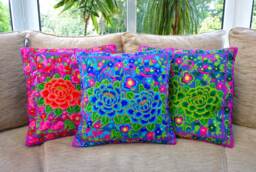 Hmong Cushion Cover, Boho Cushion, Bohemian Decor, Embroidered Blue Colourful Throw Pillow, Bright