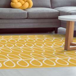 Yellow Vinyl Floor Area Rug, With Graphic Leaves Design in White, Over Yellow Background. Large PVC Rugs. Art Mat - thumbnail 1