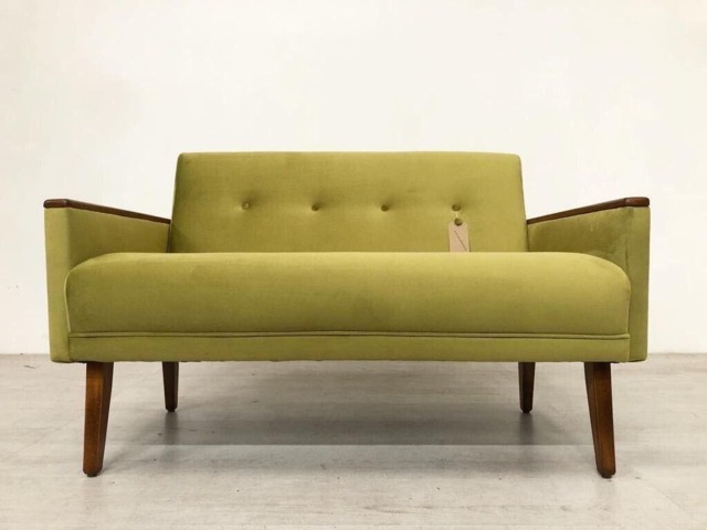 Danish Teak Vintage Inspired Model 55 Mid Century 2 Seat Lounge Sofa Settee Olive Green Velvet - image 1