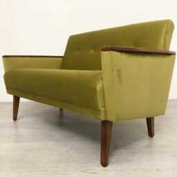 Danish Teak Vintage Inspired Model 55 Mid Century 2 Seat Lounge Sofa Settee Olive Green Velvet - thumbnail 2