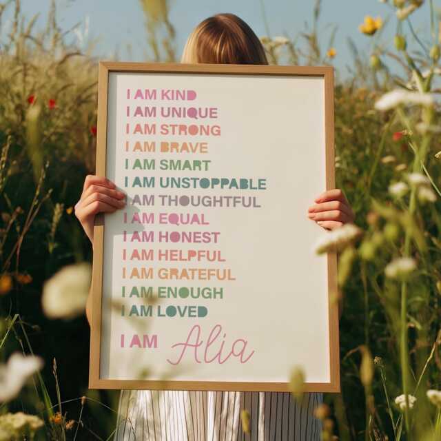 Girls Affirmation Print, Rainbow Colourful, Bedroom Decor, Personalised, I Am Wall Art, Nursery Print - image 1