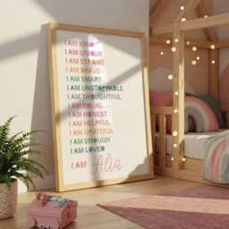 Girls Affirmation Print, Rainbow Colourful, Bedroom Decor, Personalised, I Am Wall Art, Nursery Print - thumbnail 2