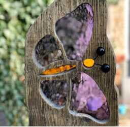 Lilac Purple Butterfly Garden Sculpture - Personalised Memorial Gift- Reclaimed Wood & Stained Glass