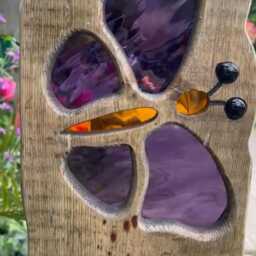 Lilac Purple Butterfly Garden Sculpture - Personalised Memorial Gift- Reclaimed Wood & Stained Glass - thumbnail 2