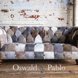 Unique British Handmade 3 Seater Cream/Beige Grey Velvet Fabric Patchwork Chesterfield Sofa - thumbnail 3