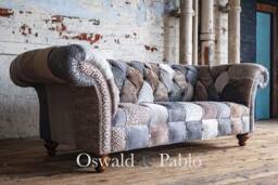 Unique British Handmade 3 Seater Cream/Beige Grey Velvet Fabric Patchwork Chesterfield Sofa