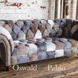 Unique British Handmade 3 Seater Cream/Beige Grey Velvet Fabric Patchwork Chesterfield Sofa - thumbnail 2