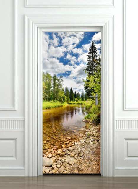 Forest Wall Decal, Trees Door Sticker Mural, River Wallpaper, Nature Decor Bedroom Living Room Home Decor, Covering - image 1