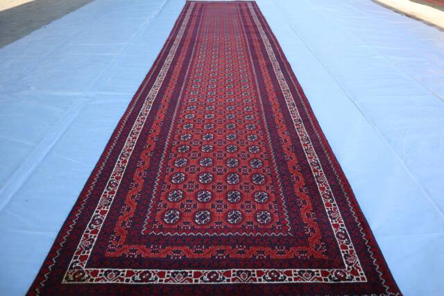 13 Ft Bokhara Runner Rug, Afghan Hand Knotted Veg Dyes Wool Turkmen Tribal Oriental Red Runner, Hallway Rug 3x13 - image 1