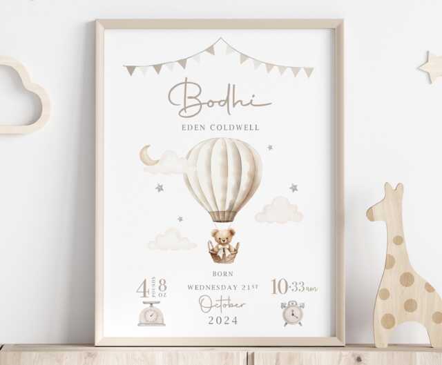 New Baby Boy Girl Personalised Gift - Birth Details Print Newborn Keepsake Teddy Bear Nursery - image 1