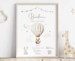 New Baby Boy Girl Personalised Gift - Birth Details Print Newborn Keepsake Teddy Bear Nursery - thumbnail 1