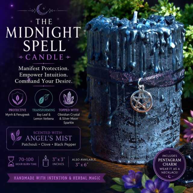 Midnight Spell Candle, Black Scented Candle With Silver Pentagram Charm - image 1