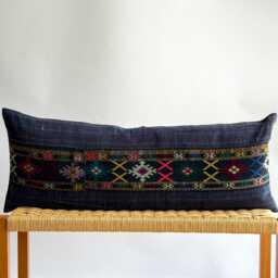 Vintage Hmong Hemp Pillow Handwoven Tribal Textile, Navy Batik - thumbnail 1