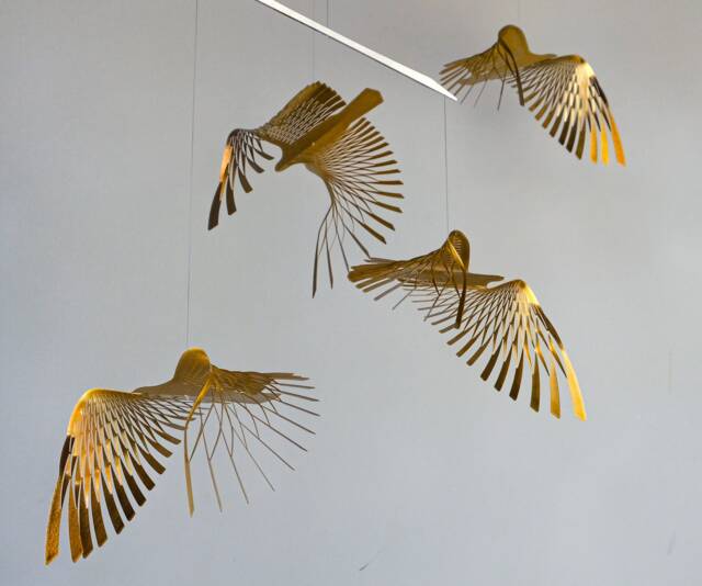 Golden Brass Bird Mobile, Kinetic Metal Art Sculpture, 4 Or 5 Piece Flight - image 1