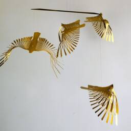 Golden Brass Bird Mobile, Kinetic Metal Art Sculpture, 4 Or 5 Piece Flight - thumbnail 2