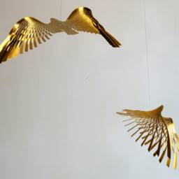 Golden Brass Bird Mobile, Kinetic Metal Art Sculpture, 4 Or 5 Piece Flight - thumbnail 4