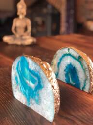 Teal Agate 24Ct Gold Edge Microcrystalline Quartz Premium Bookends Ornament Gift Pair - thumbnail 1